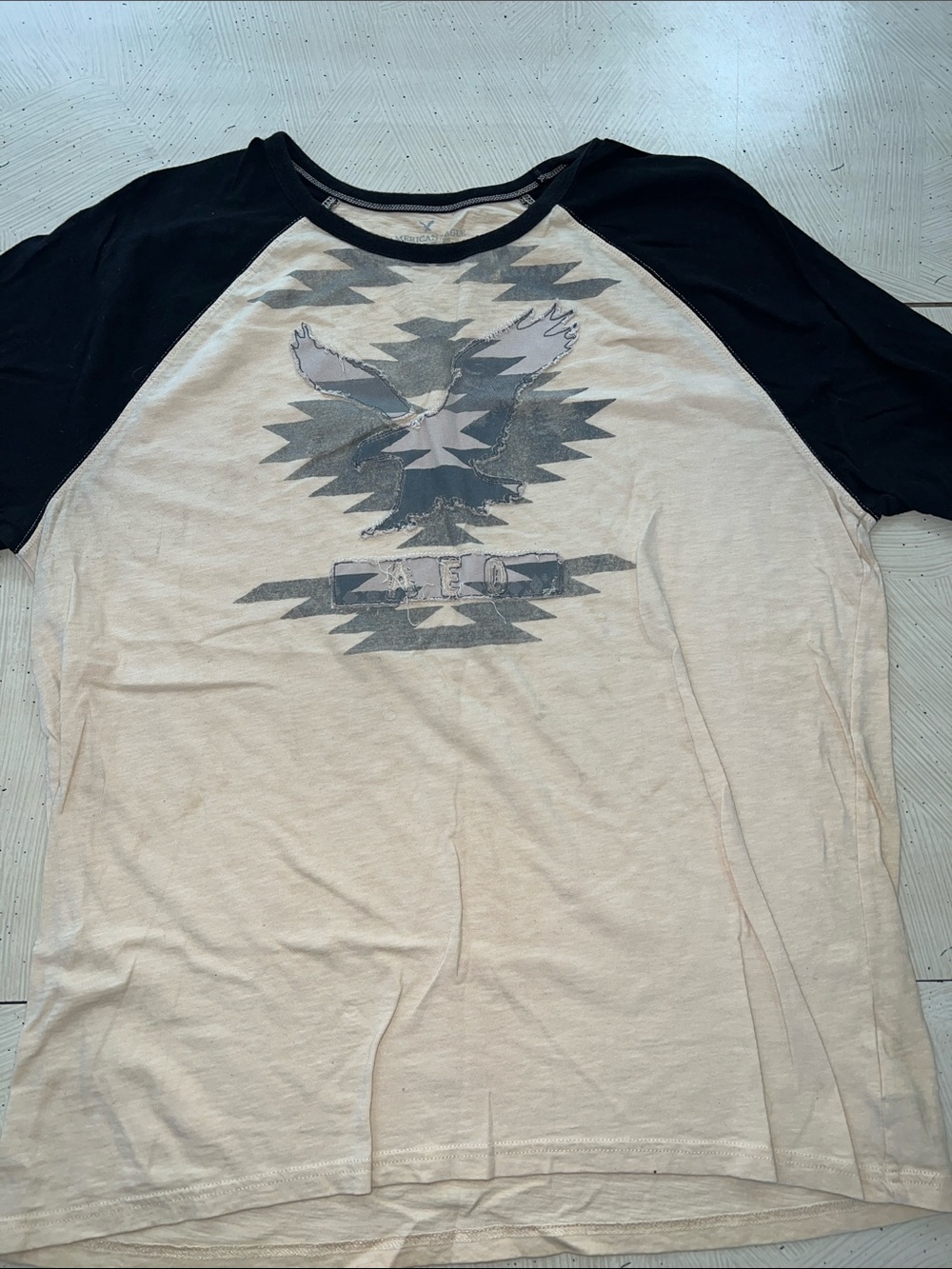 American Eagle Outfitters Black and Cream Raglan Graphic Tee